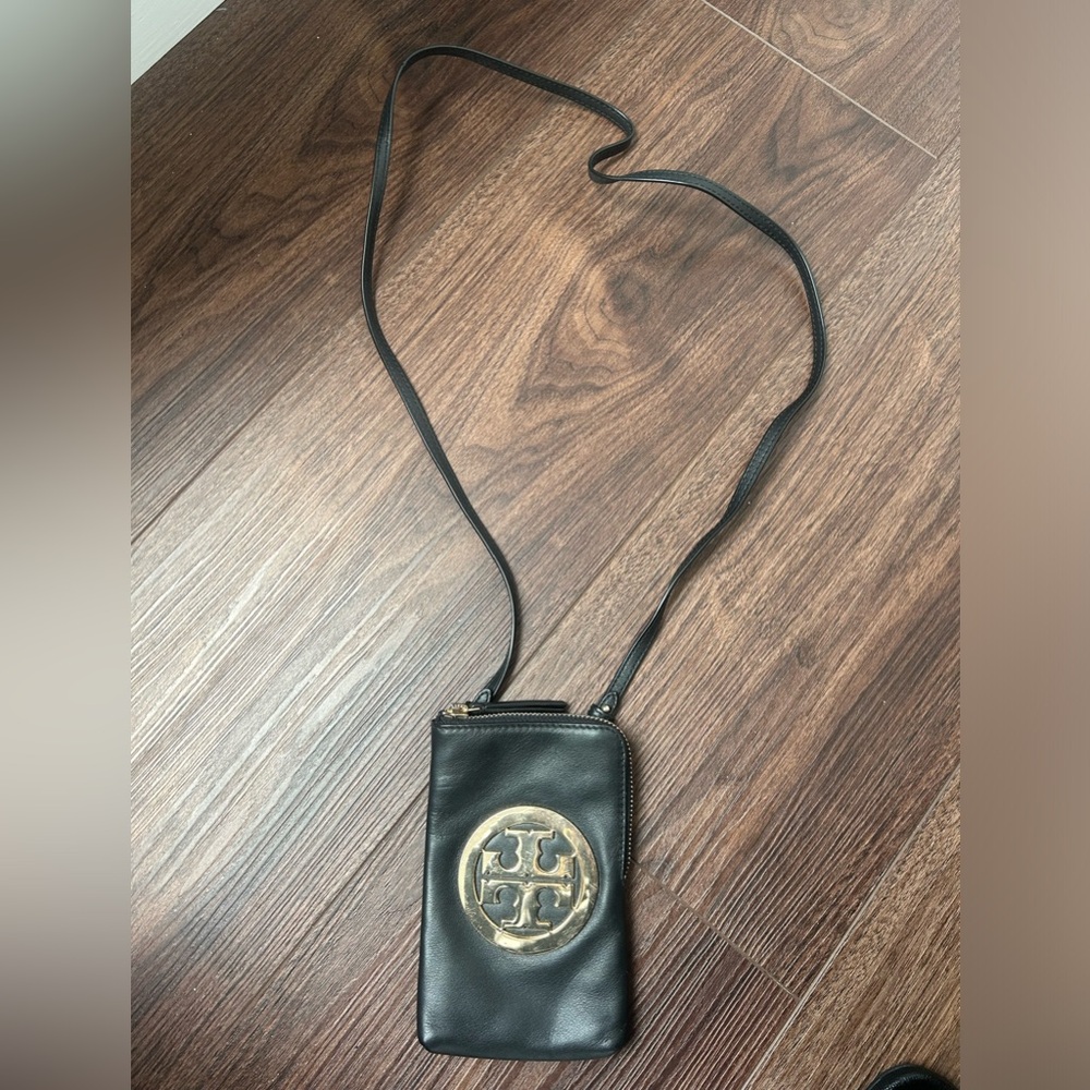 Tory Burch Black Leather Phone Crossbody with Gold Logo
